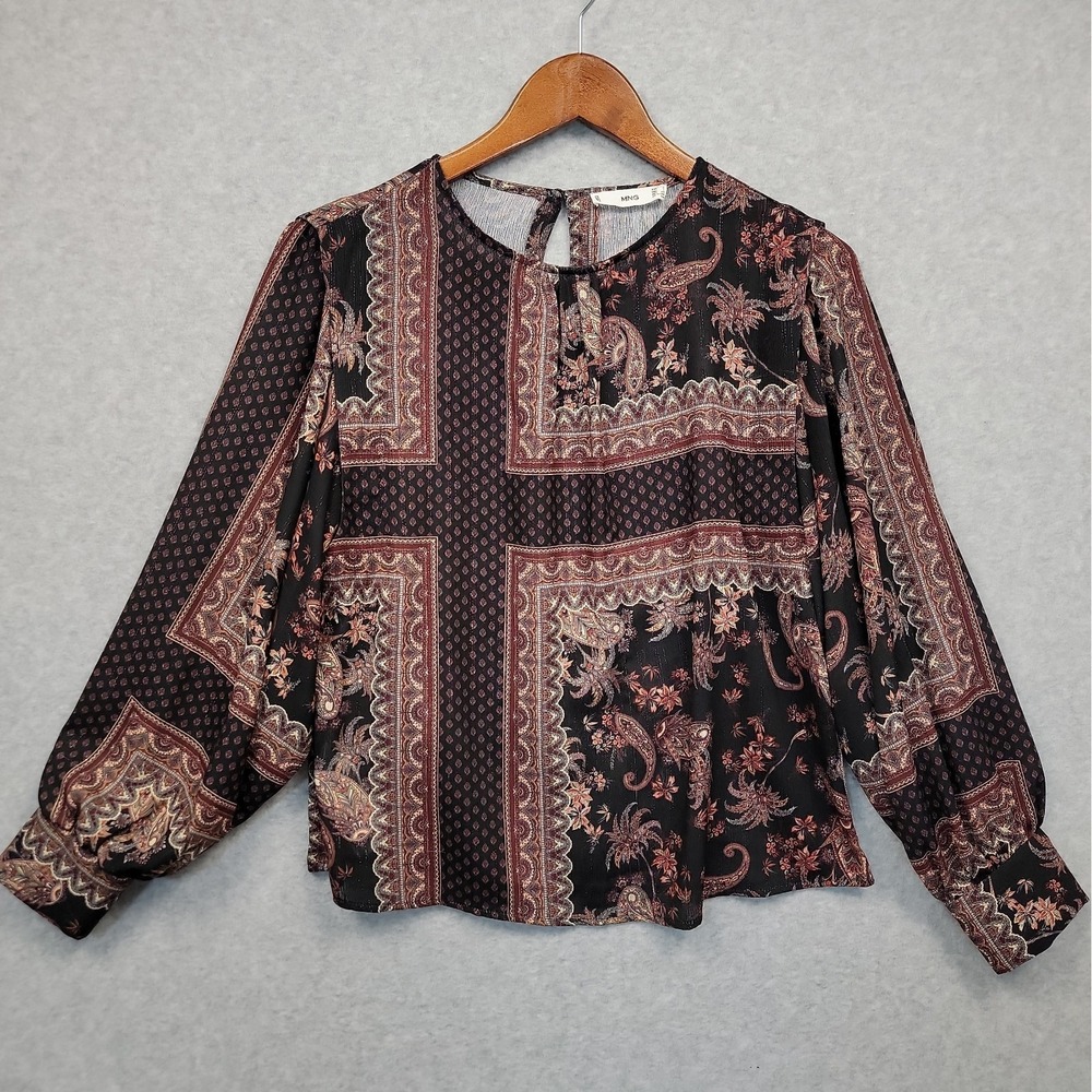 MANGO Black Maroon Paisley Patchwork Blouse Top Balloon Sleeve Gold Thread Sz 4